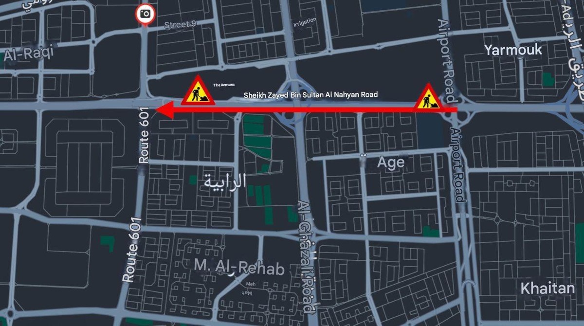 Temporary closure of 2 lanes on Fifth Ring Road for traffic coming from Salmiya towards Jahra