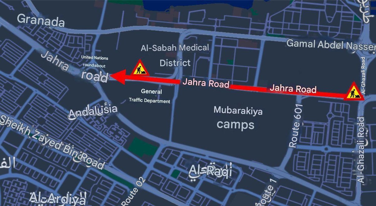 Closure of Jahra Road overpass for traffic from Kuwait City to Jahra