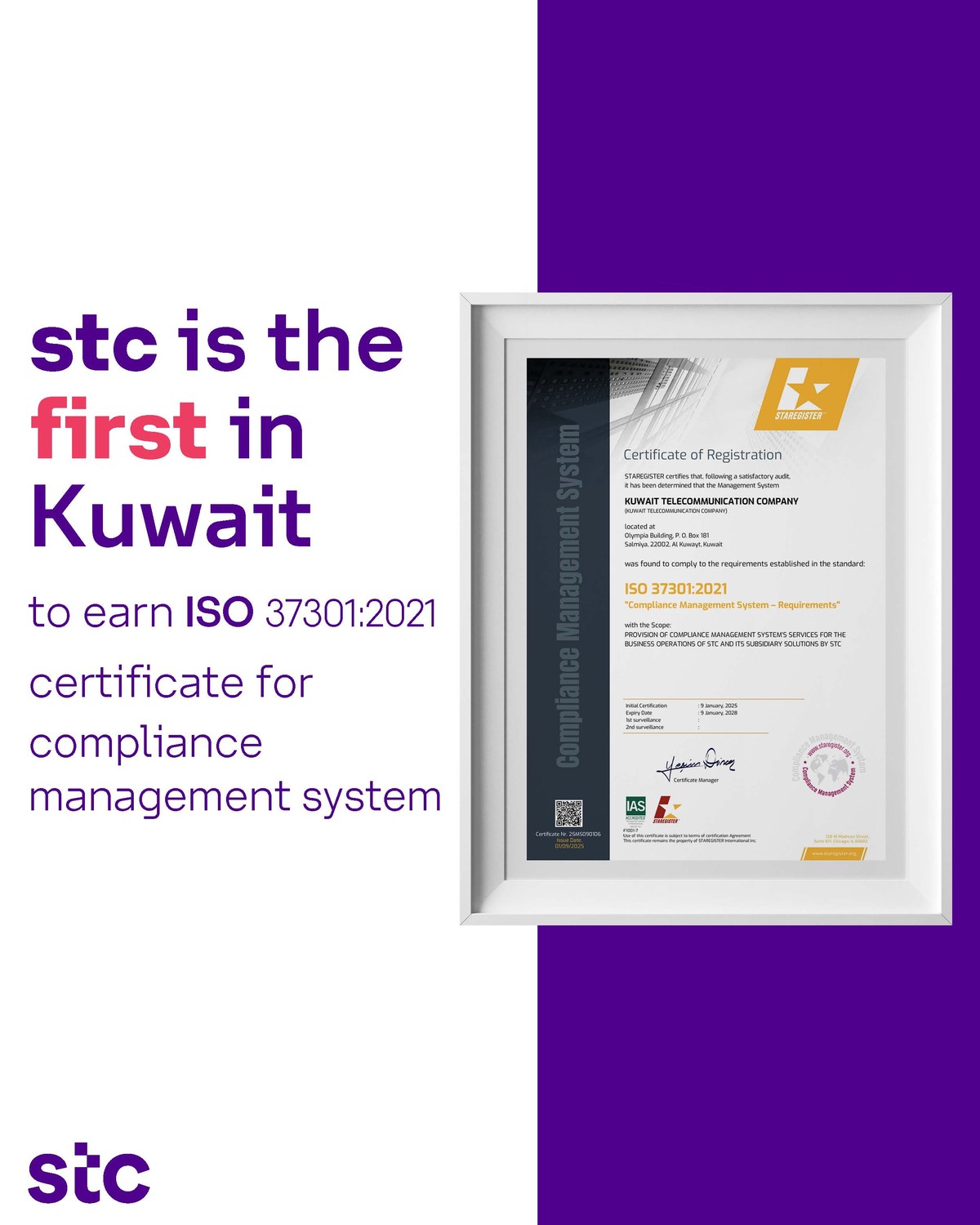 <b>stc becomes the first to earn the ISO 37301:2021 certification for Compliance Management Systems in Kuwait</b>