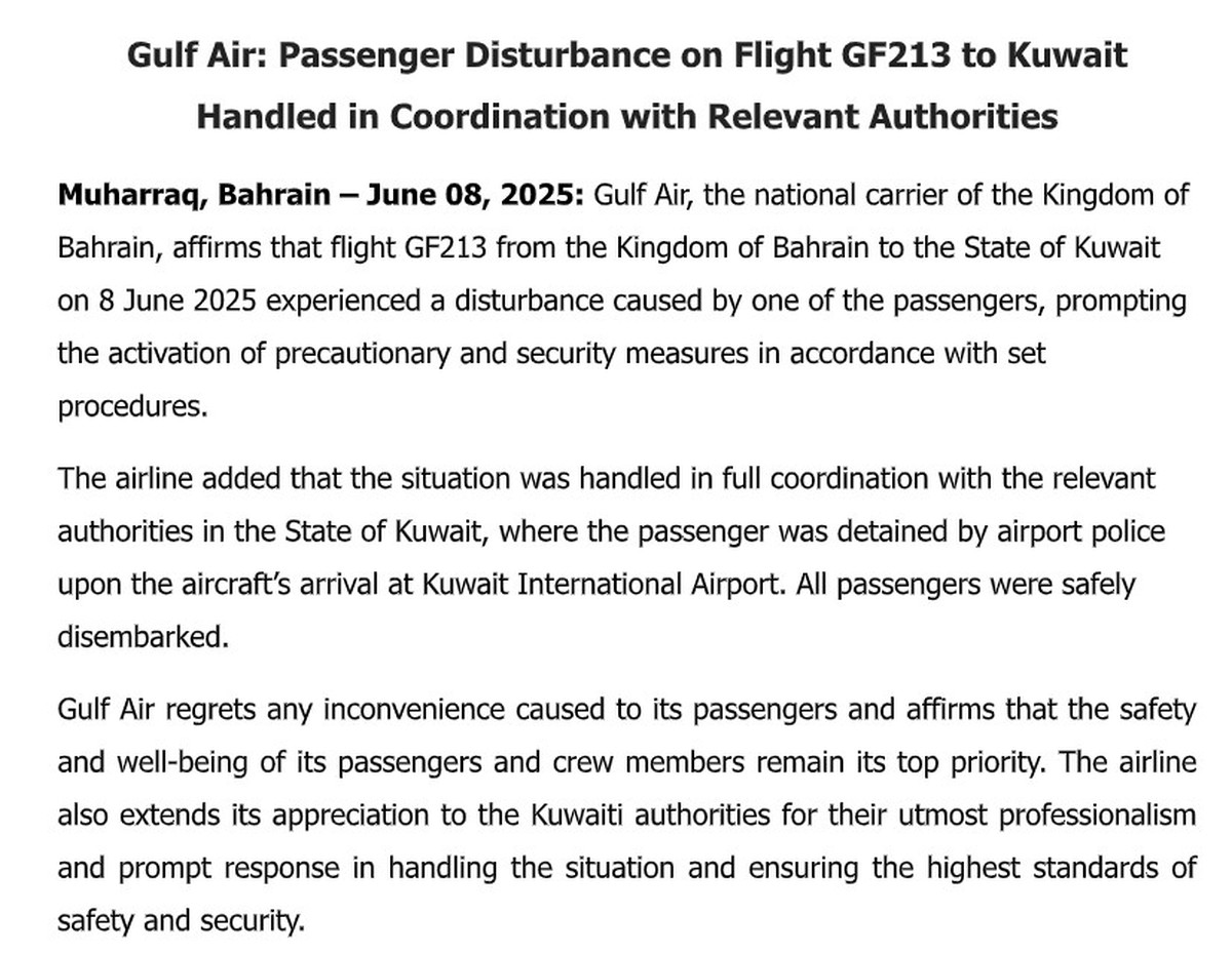 Gulf Air Thanks Kuwait for Support in Managing Flight Security Incident
