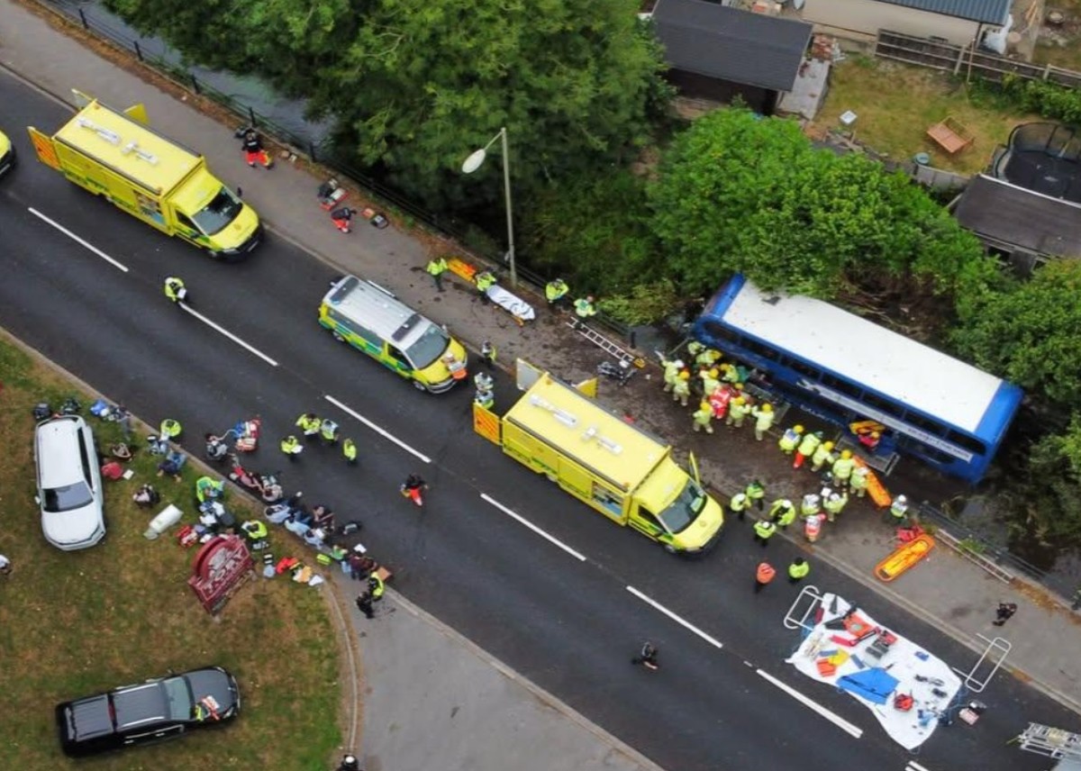 Double-decker bus carrying students plunges into English river