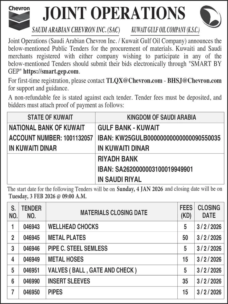 Tender for the procurement of materials - closing date Feb 3rd