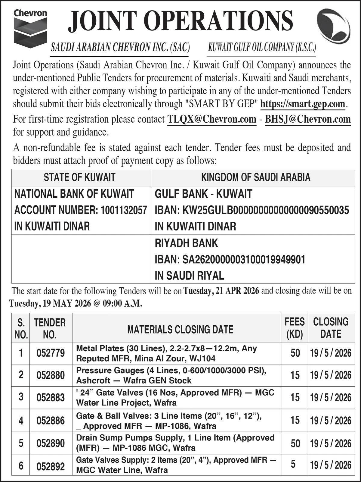 Tender for procurement of material