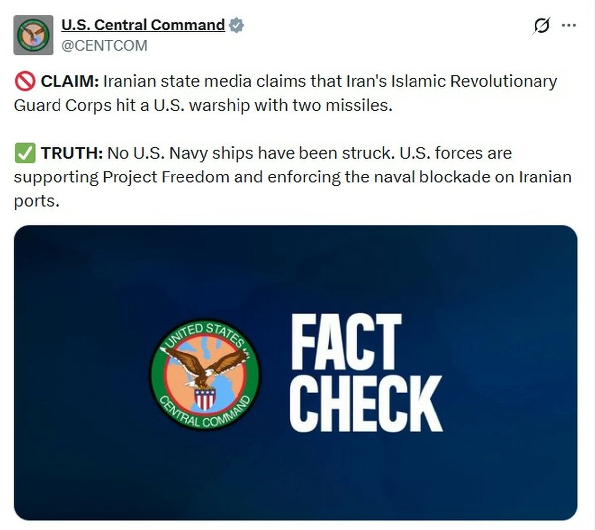 No US Navy Ship Hit by Iranian Missiles, CENTCOM Denies Lies by Iranian Regime