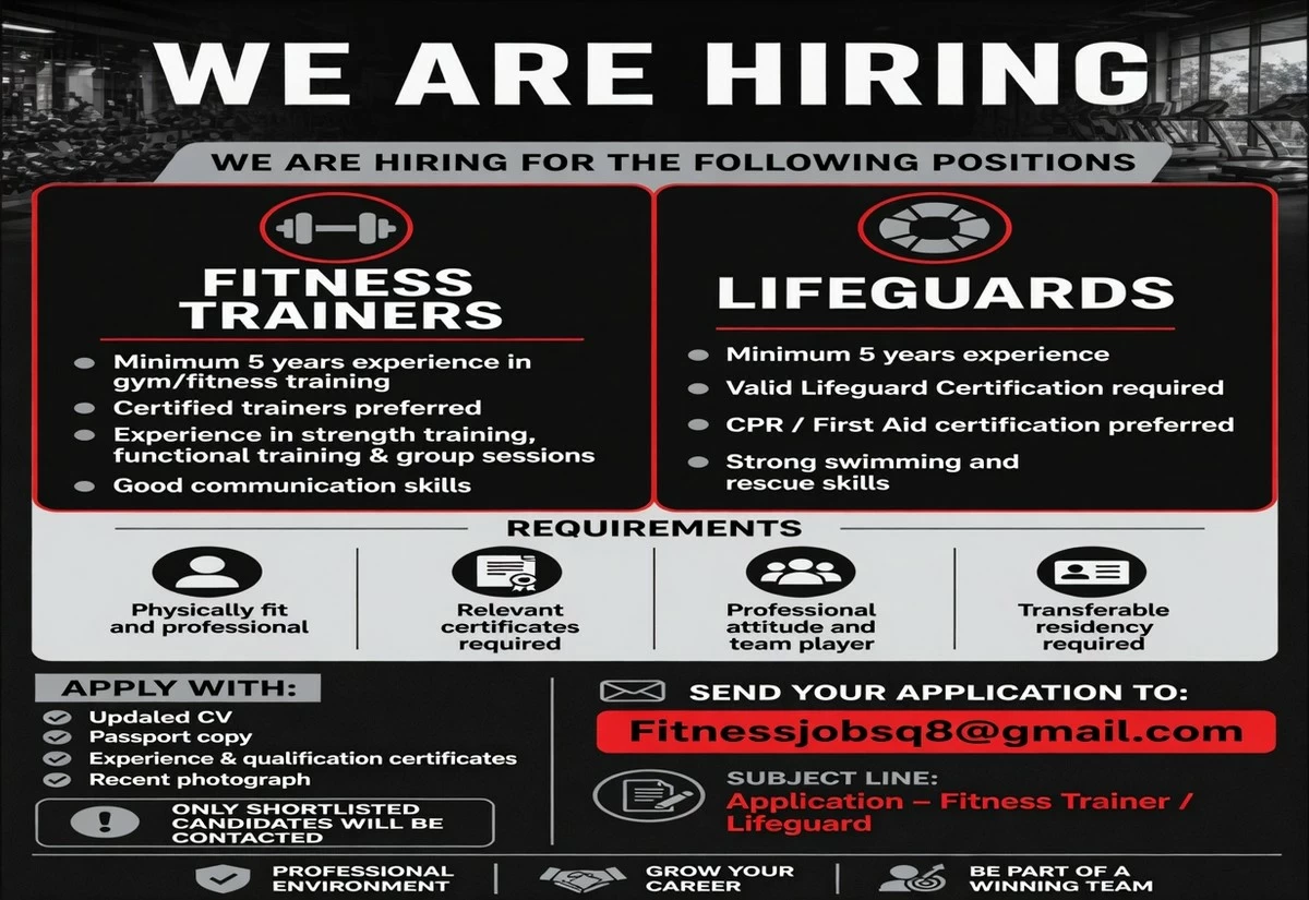Job Vacancy for Fitness Trainers and Lifeguards