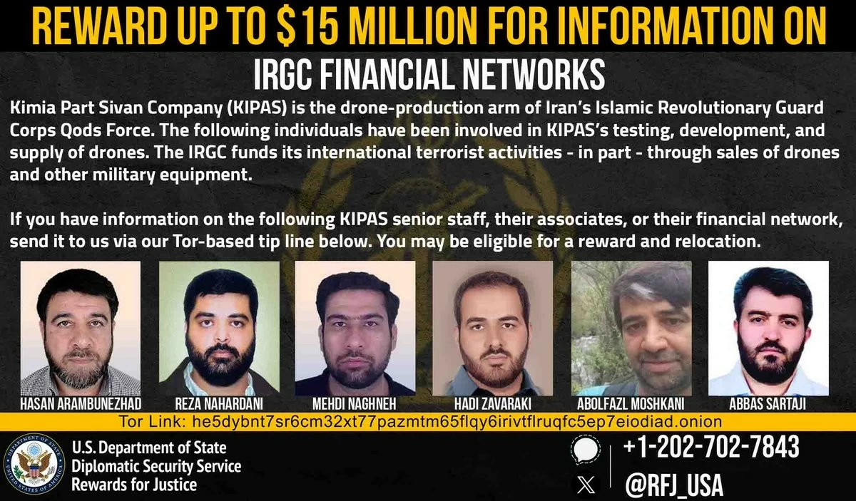 US offers $15 million bounty on Iranian Regime-linked drone production officials