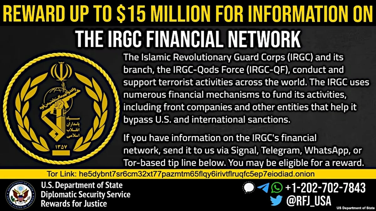 US offers $15 million reward to expose Iran's Islamic Revolutionary Guard  financial network