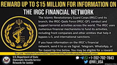 US offers $15 million reward to expose Iran's Islamic Revolutionary Guard  financial network