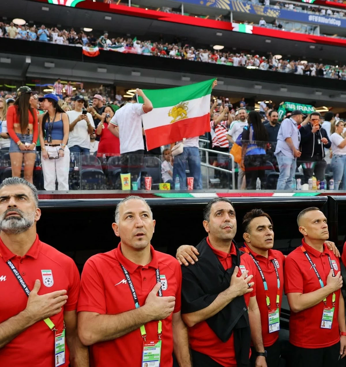 Lion and Sun Flag and Protest Banner Draw Attention During Iran-New Zealand World Cup Match in Los Angeles