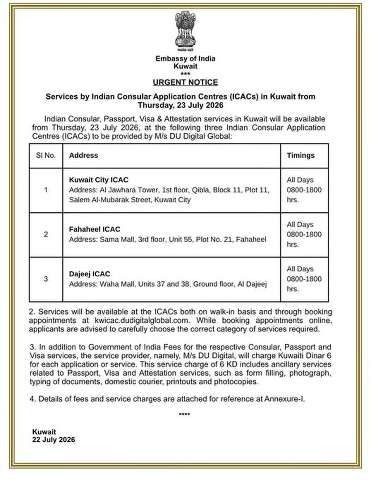 Indian Embassy announces new ICAC services in Kuwait from July 23