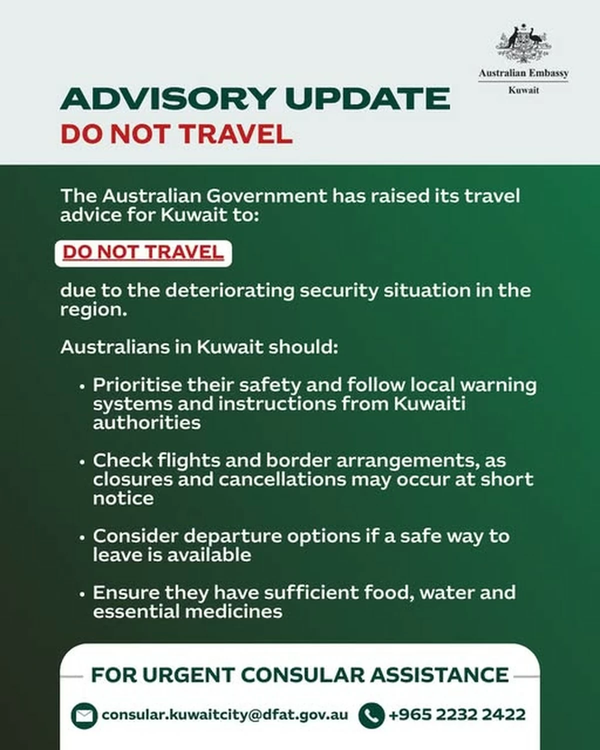 Australian Government Issues &lsquo;Do Not Travel&rsquo; Advisory for Kuwait