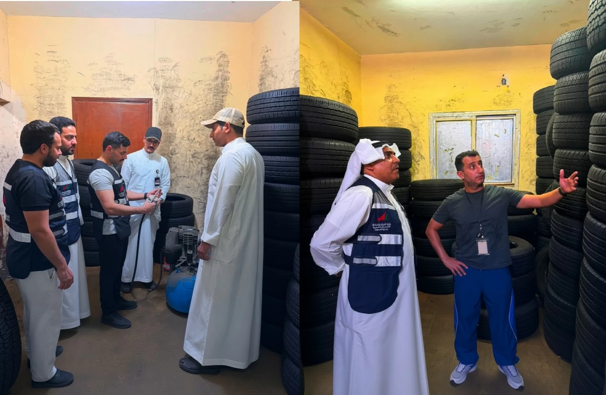 Kuwait authorities seize 390 used tires from an illegal warehouse in Jleeb Al-Shuyoukh