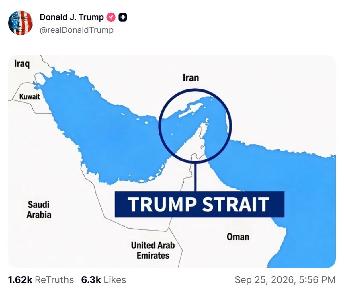 Trump posts map labeling Strait of Hormuz as &lsquo;Trump Strait&rsquo;