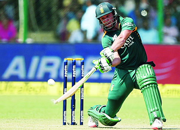 South Africa’s captain AB de Villiers plays a shot during the first One-Day International (ODI) cricket match between India and South Africa at Green Park Stadium in Kanpur on Oct 11. (AFP)