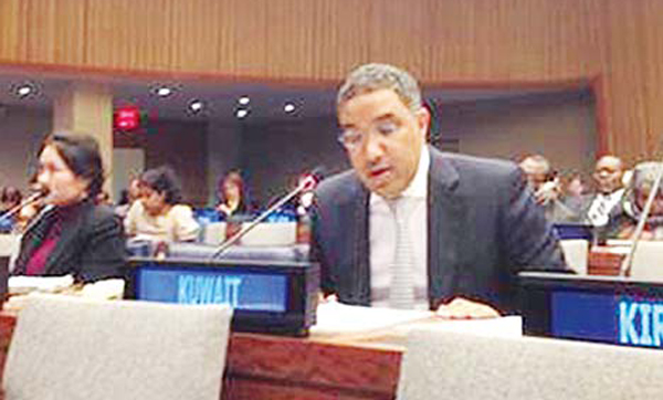 Kuwait’s Deputy Permanent Representative to the UN Abdulaziz Al-Jarallah speaks during the meeting for UN General Assembly Committee for announcing donations