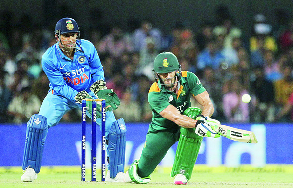 South Africa’s Faf du Plessis plays a shot during their second One-Day International cricket match against India in Indore, India on Oct 14. (AP)