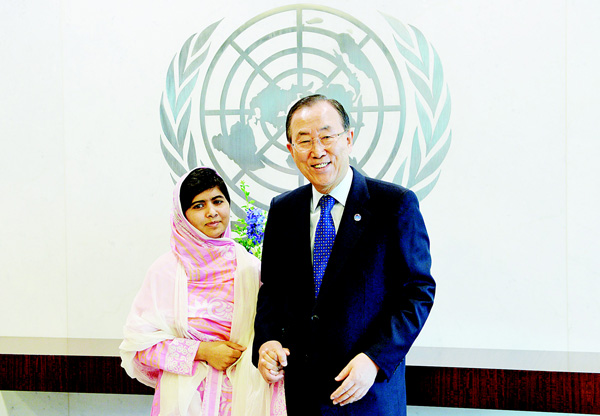 Pakistani student Malala Yousafzai (left), with United Nations Secretary-General Ban Ki-moon on July 12, 2013 at UN headquarters in New York. Malala was the name on everyone’s lips in October 2015 at the London Film Festival where a documentary about the yougest-ever Nobel Peace laureate had its European premiere. ‘He Named Me Malala’ is an intimate portrait of Malala Yousafzai, the passionate Pakistani advocate of girls’ education who survived a brutal Taleban gun attack in 20012. (AFP)