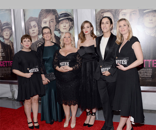 Writer Abi Morgan, from left, Helen Pankhurst, producer Alison Owen, Carey Mulligan, director Sarah Gavron and producer Faye Ward attend the premiere for