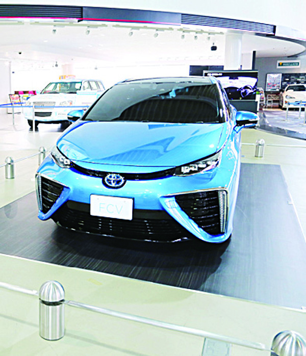 In this file photo, Toyota Motor Corp’s new fuel cell vehicle (FCV) is on display at a Toyota showroom in Tokyo. (AP)