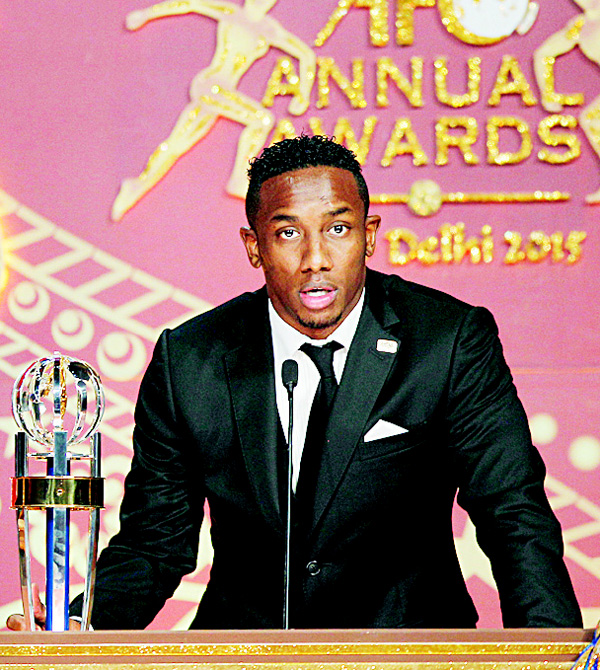 United Arab Emirates’ Ahmed Khalil, speaks after receiving the Player Of The Year award during the Asian Football Confederation (AFC) annual awards in New Delhi, India on Nov 29. (AP)