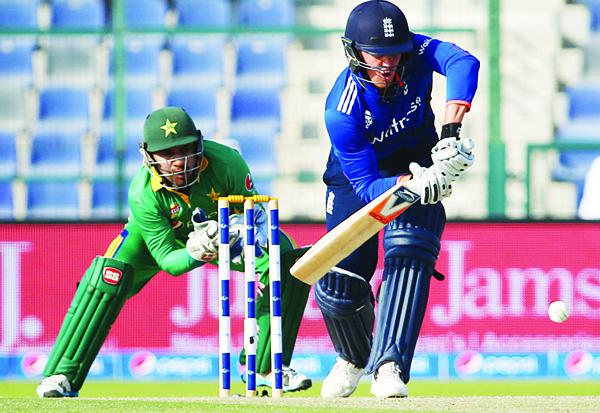 England’s Jason Roy plays a shot during the second One Day International (ODI) cricket match between Pakistan and England at The Zayed Cricket Stadium in the Gulf Emirate of Abu Dhabi on Nov 13. (AFP)