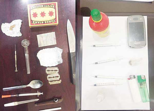 Left to right: Drugs and drug paraphernalia seized from those arrested by securitymen