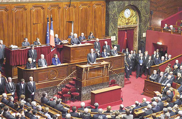 French President Francois Hollande delivers a speech to members of parliament during an exceptional joint gathering of parliament in Versailles on Nov 16, three days after 129 people were killed in the worst terrorist attack in France’s history. (AFP)