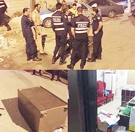 Top: Securitymen at the scene of the theft (below).